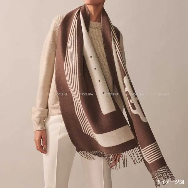 2023AW HERMES muffler Sangle a Boucle Brown /Ivoire Cashmere100%[EXCELLENT][Authentic]