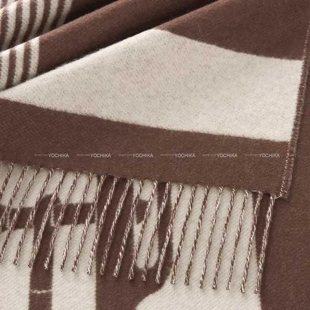 2023AW HERMES muffler Sangle a Boucle Brown /Ivoire Cashmere100%[EXCELLENT][Authentic]