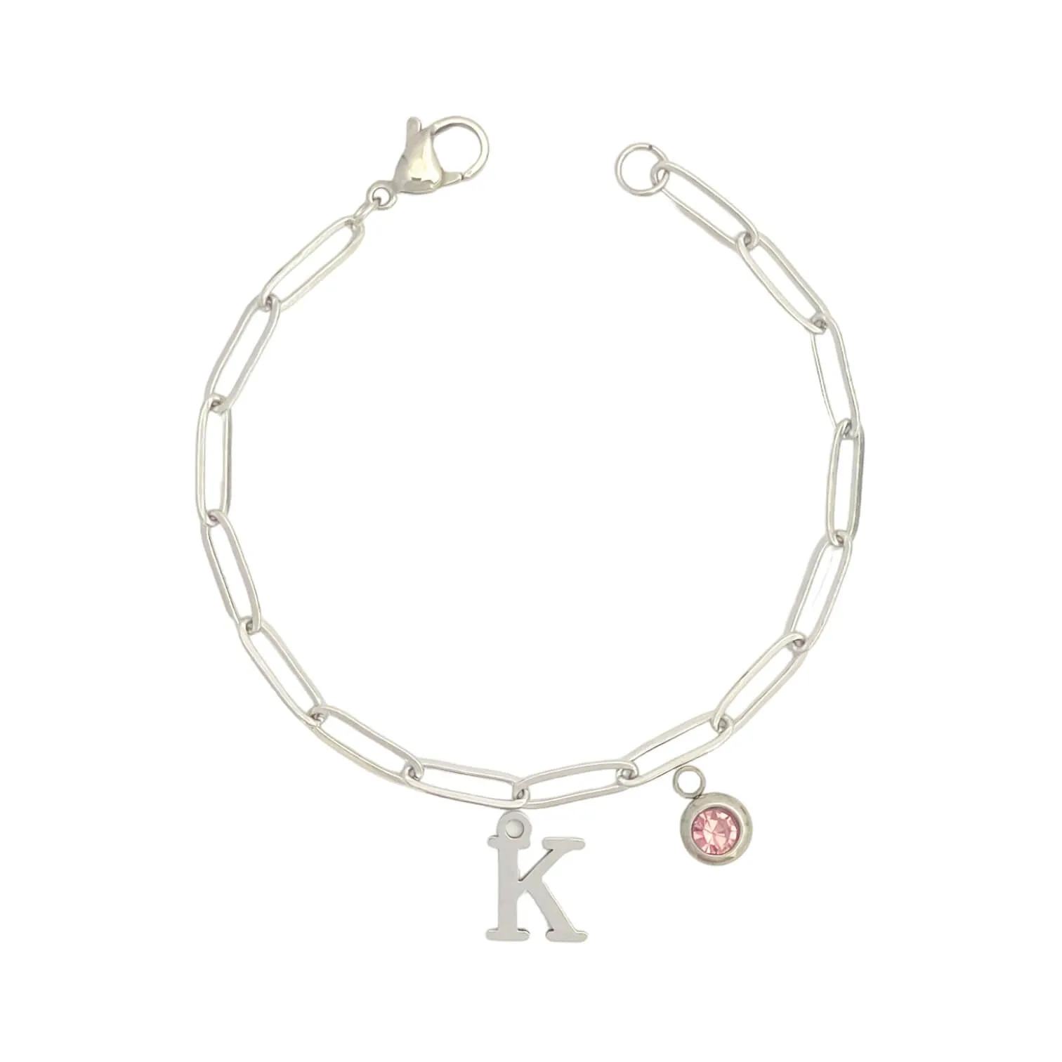 Alphabet Birthstone Paperclip Bracelet Silver (H-N)