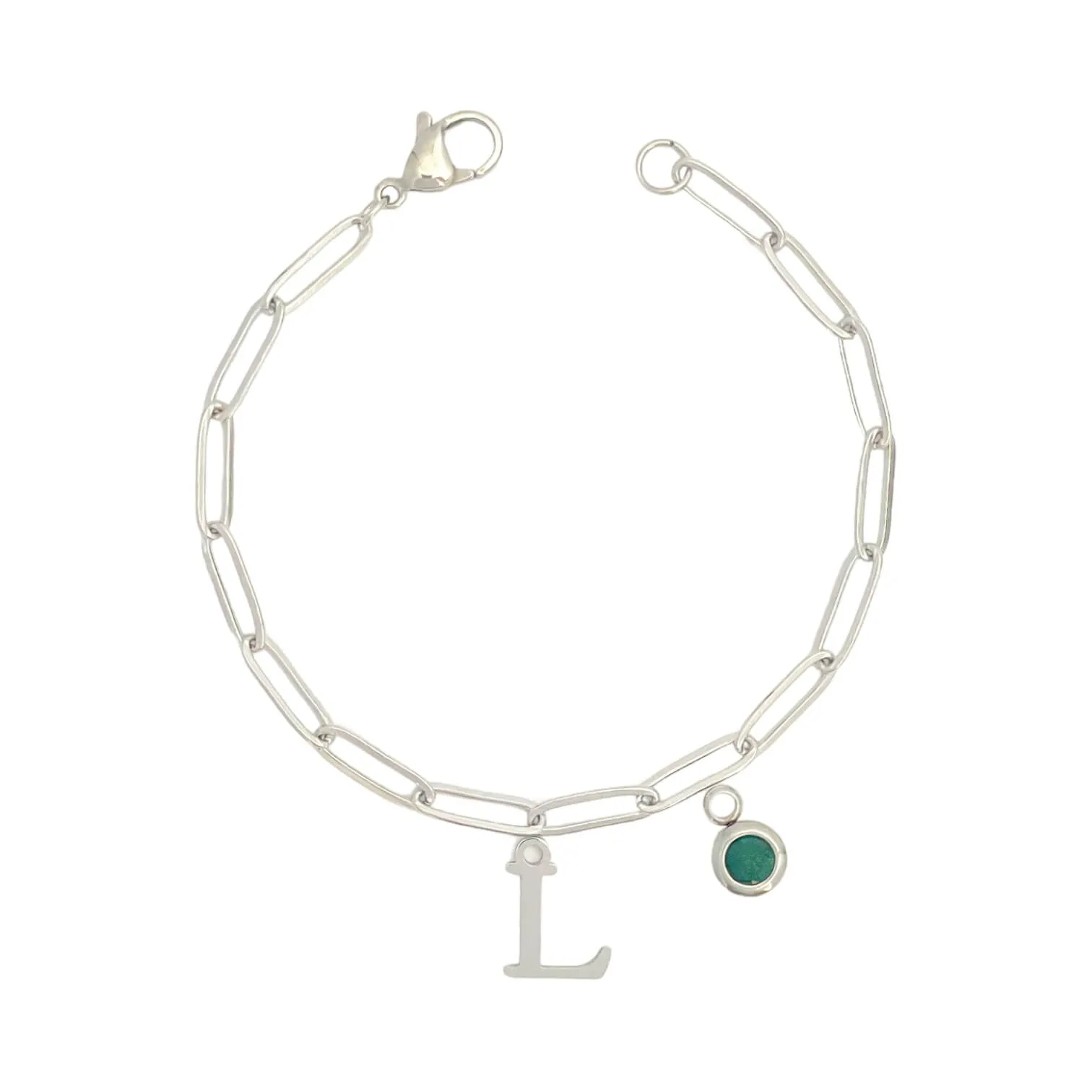 Alphabet Birthstone Paperclip Bracelet Silver (H-N)