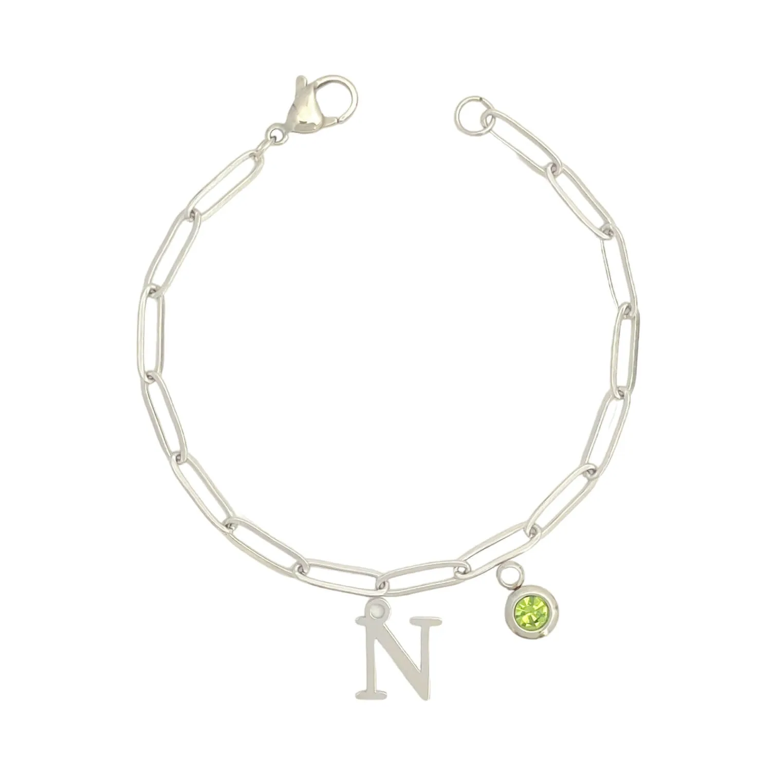 Alphabet Birthstone Paperclip Bracelet Silver (H-N)