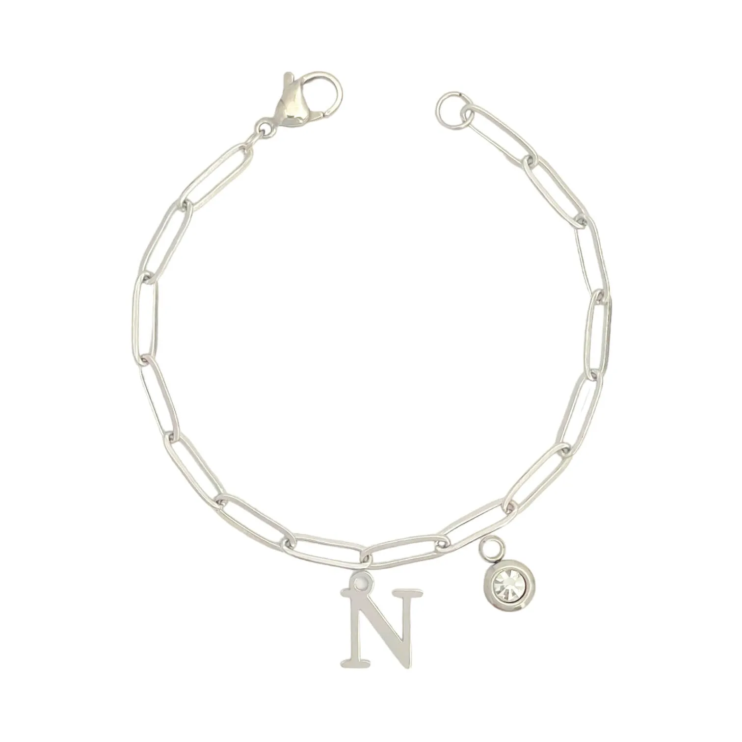 Alphabet Birthstone Paperclip Bracelet Silver (H-N)