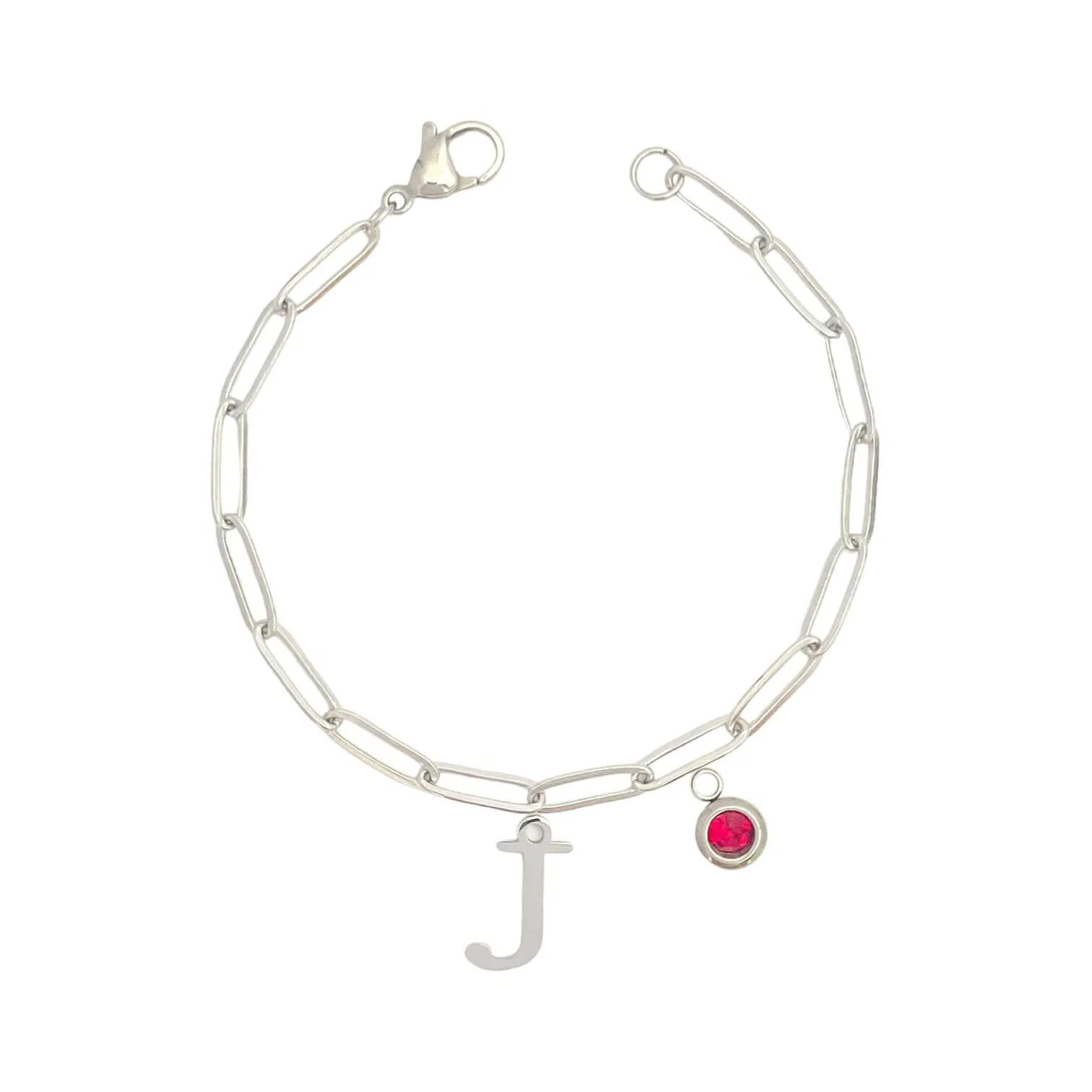 Alphabet Birthstone Paperclip Bracelet Silver (H-N)