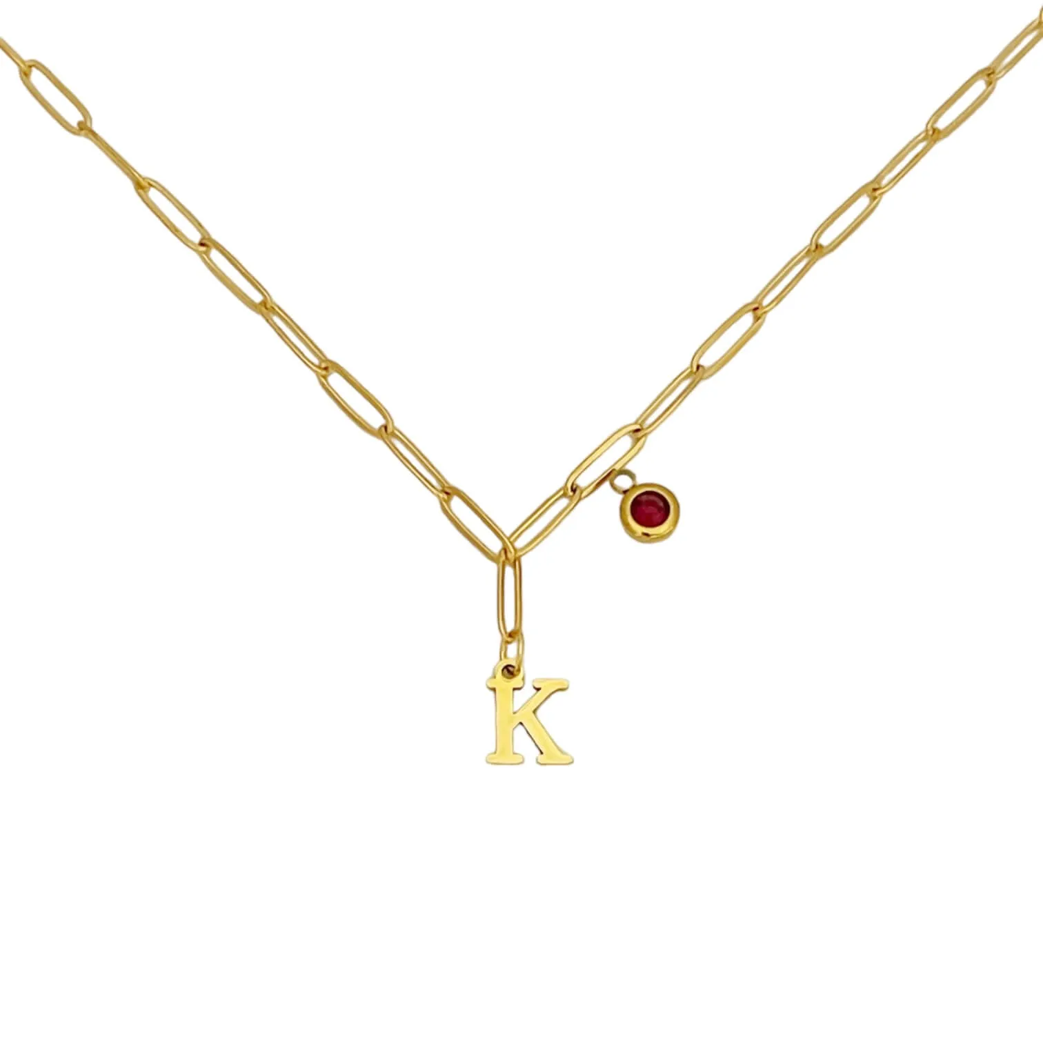 Alphabet Birthstone Paperclip Necklace Gold (H-N)