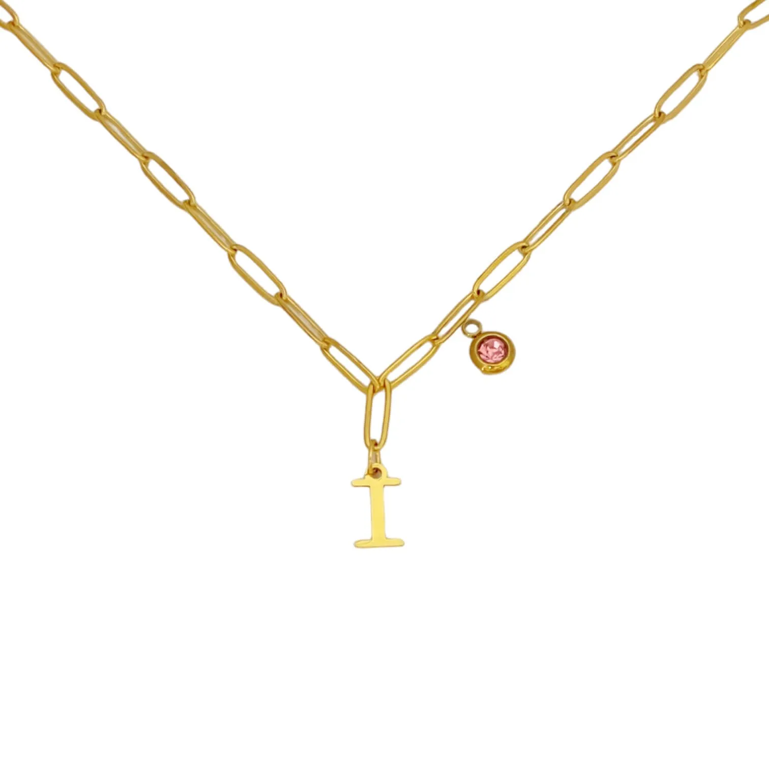 Alphabet Birthstone Paperclip Necklace Gold (H-N)