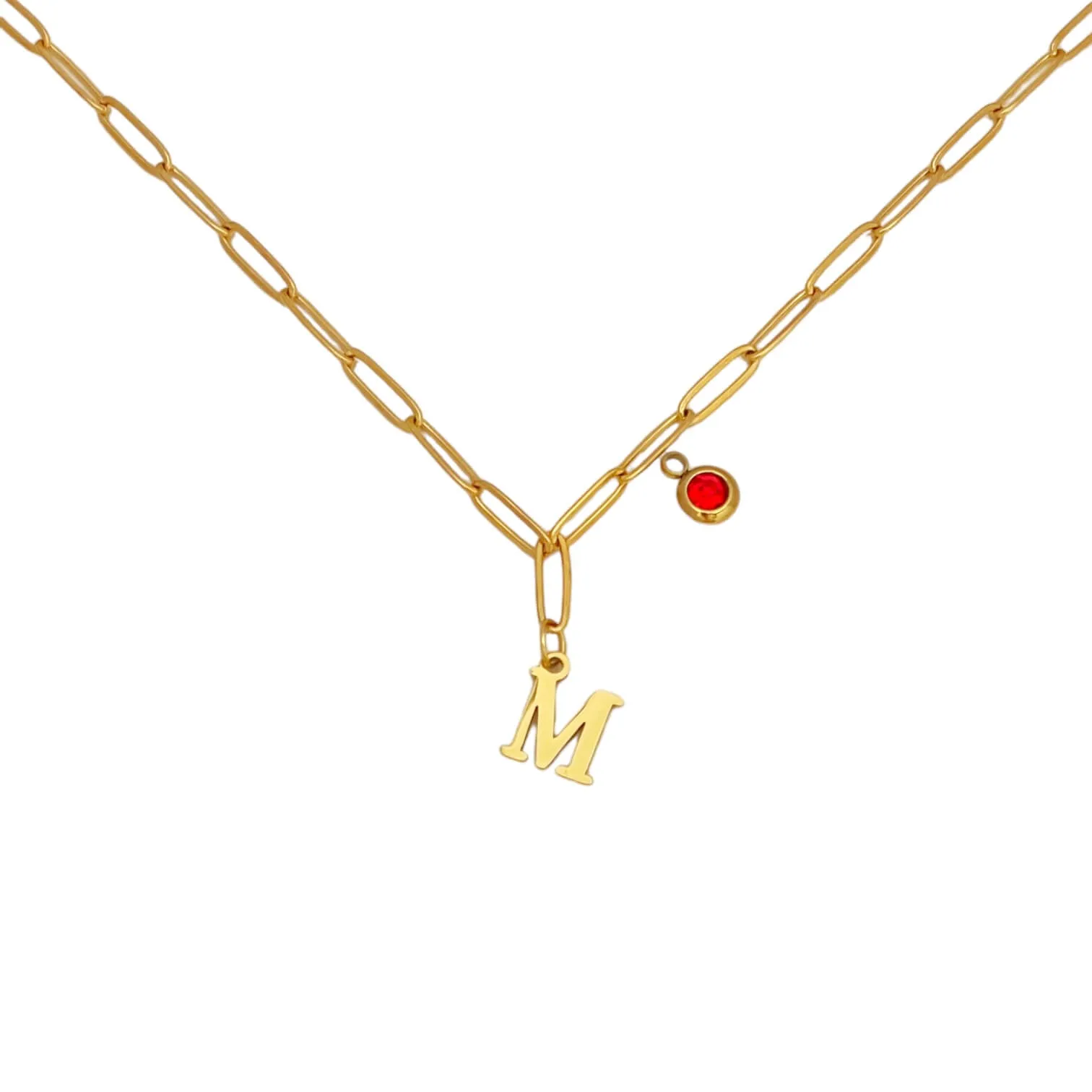 Alphabet Birthstone Paperclip Necklace Gold (H-N)