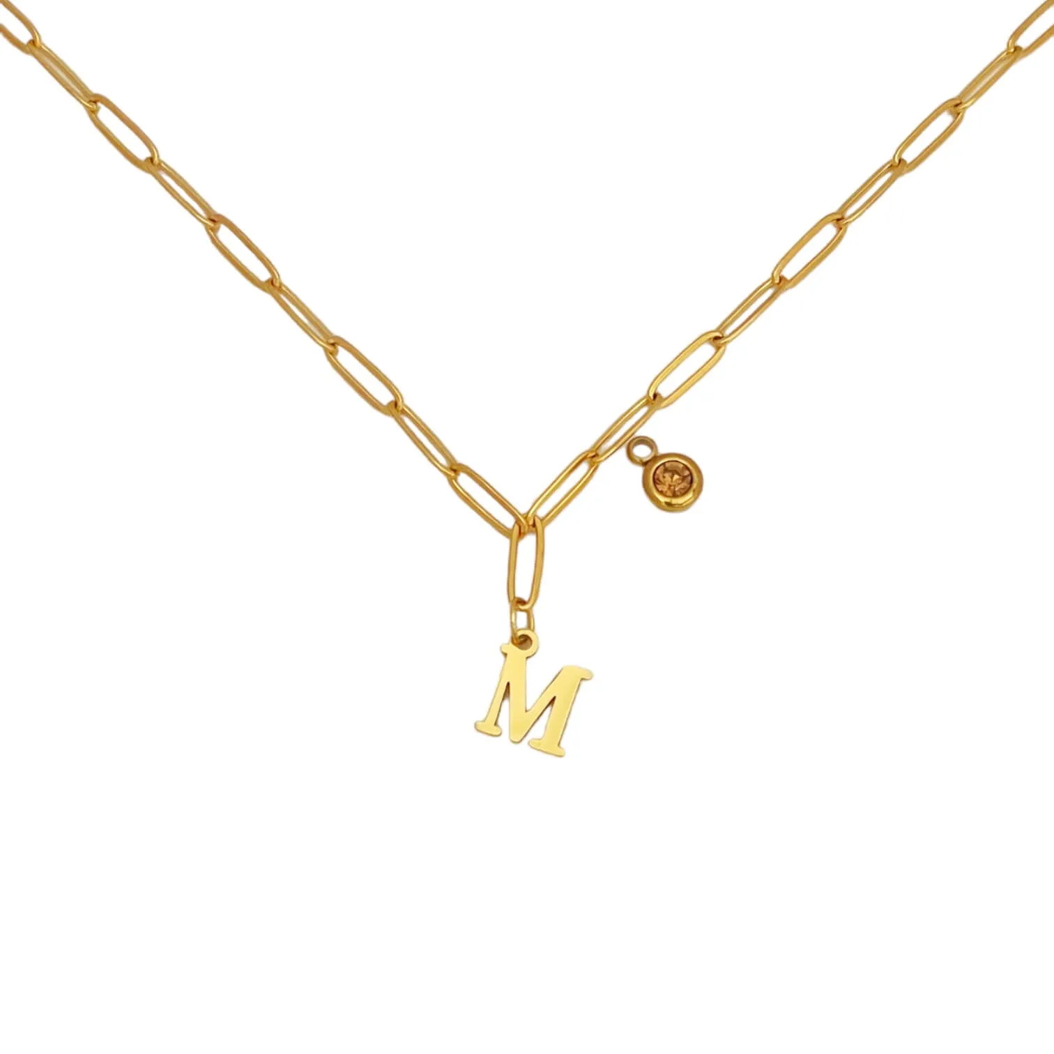 Alphabet Birthstone Paperclip Necklace Gold (H-N)