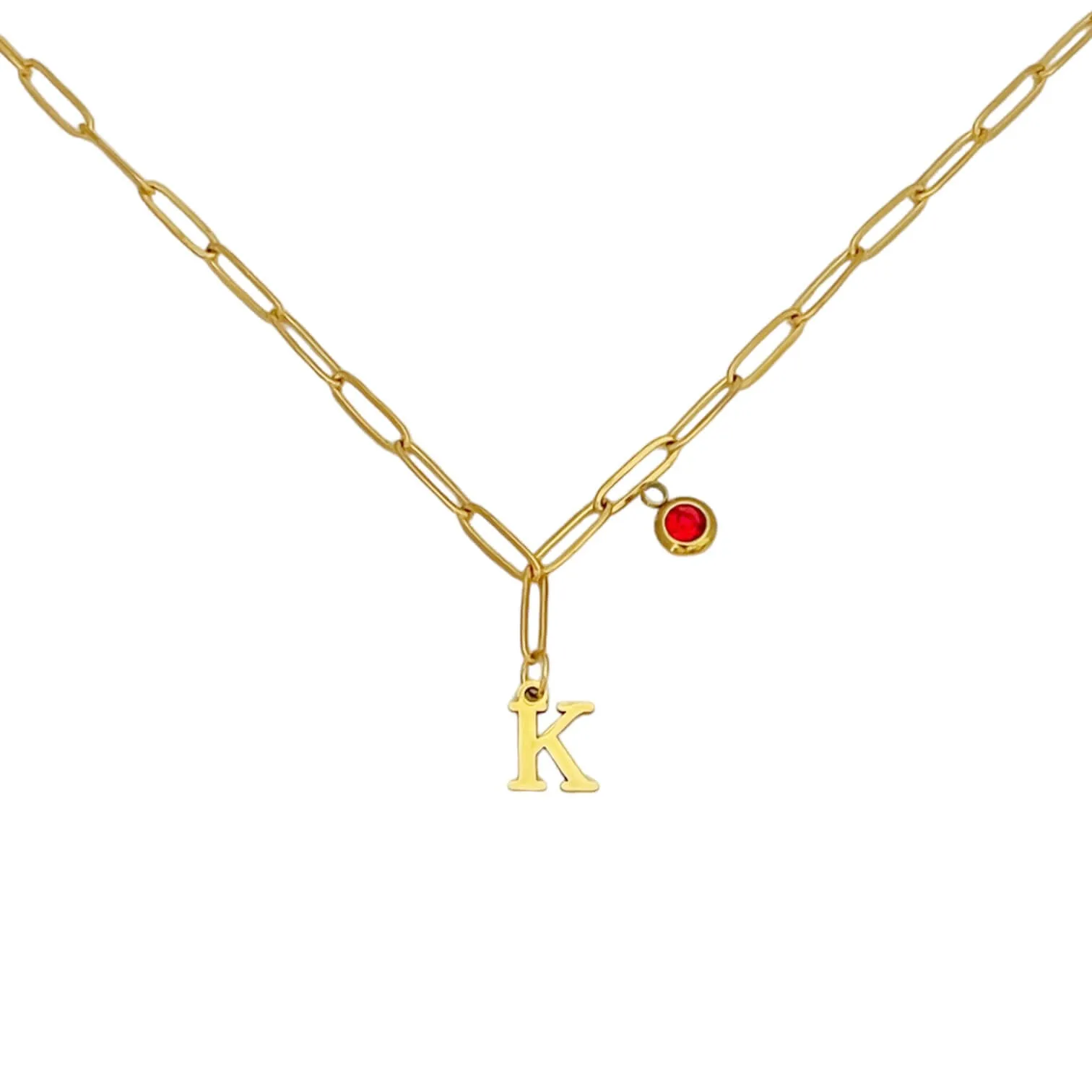 Alphabet Birthstone Paperclip Necklace Gold (H-N)