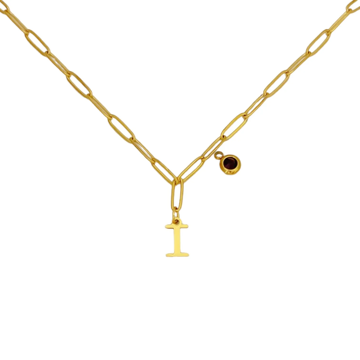 Alphabet Birthstone Paperclip Necklace Gold (H-N)