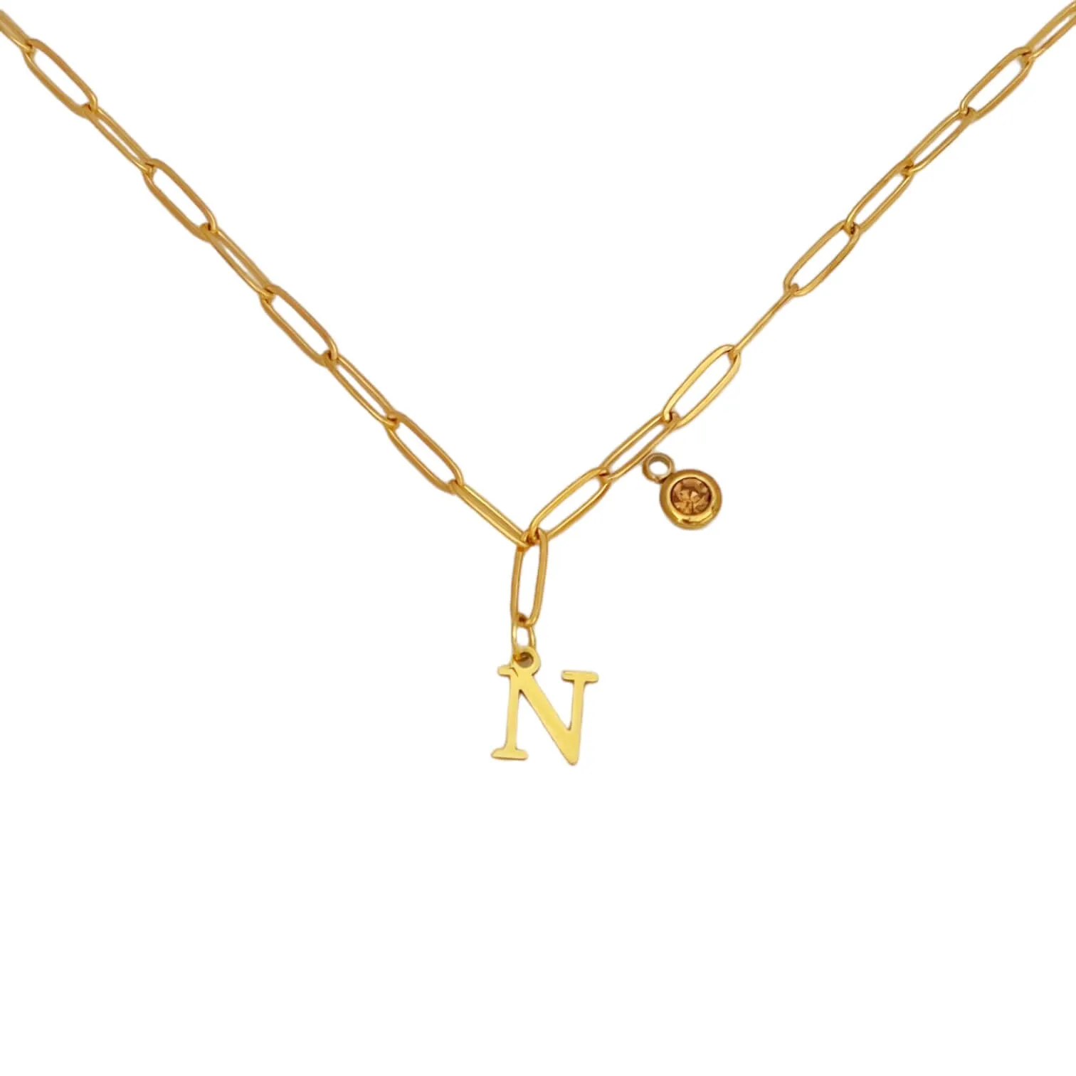 Alphabet Birthstone Paperclip Necklace Gold (H-N)