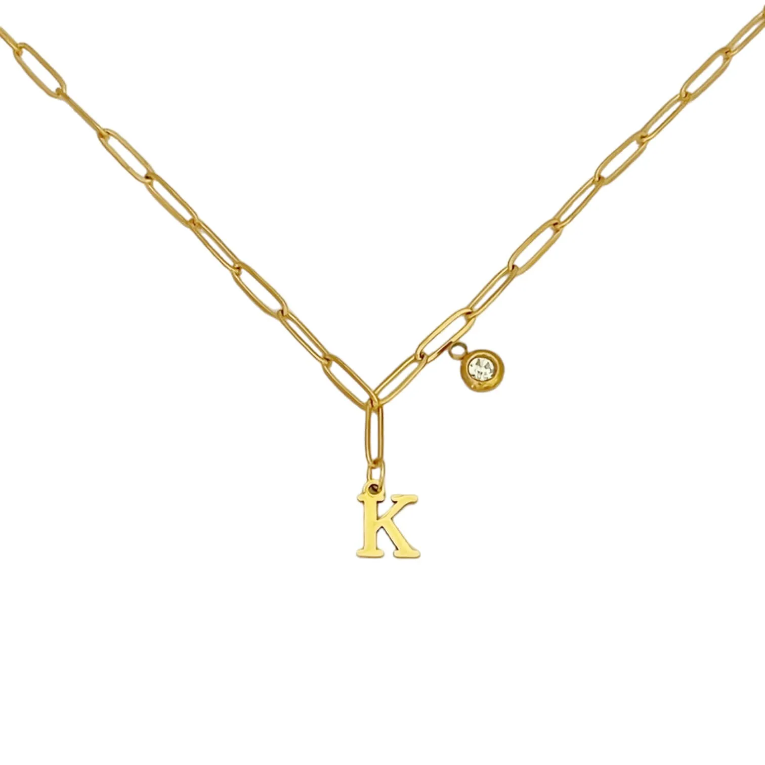 Alphabet Birthstone Paperclip Necklace Gold (H-N)