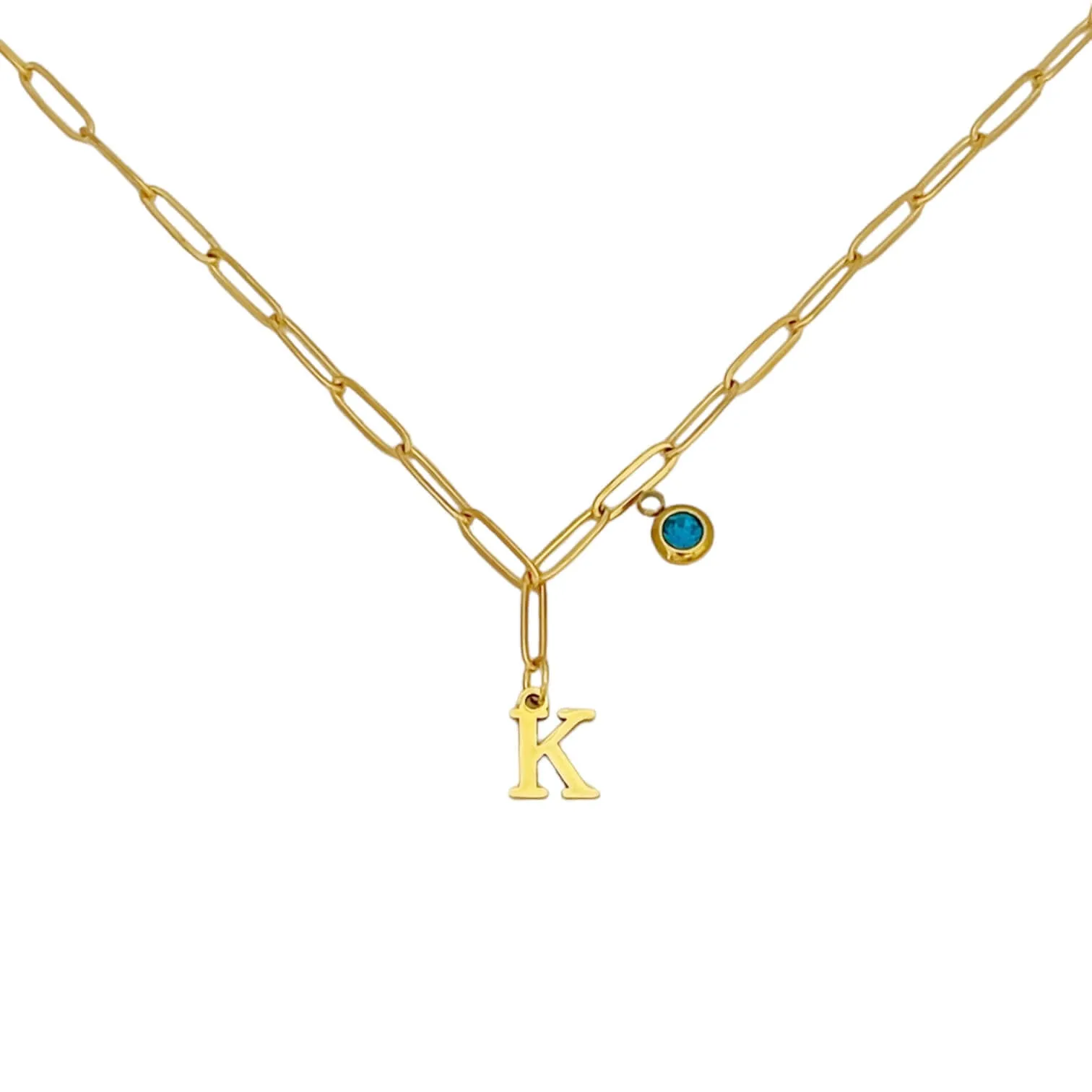 Alphabet Birthstone Paperclip Necklace Gold (H-N)