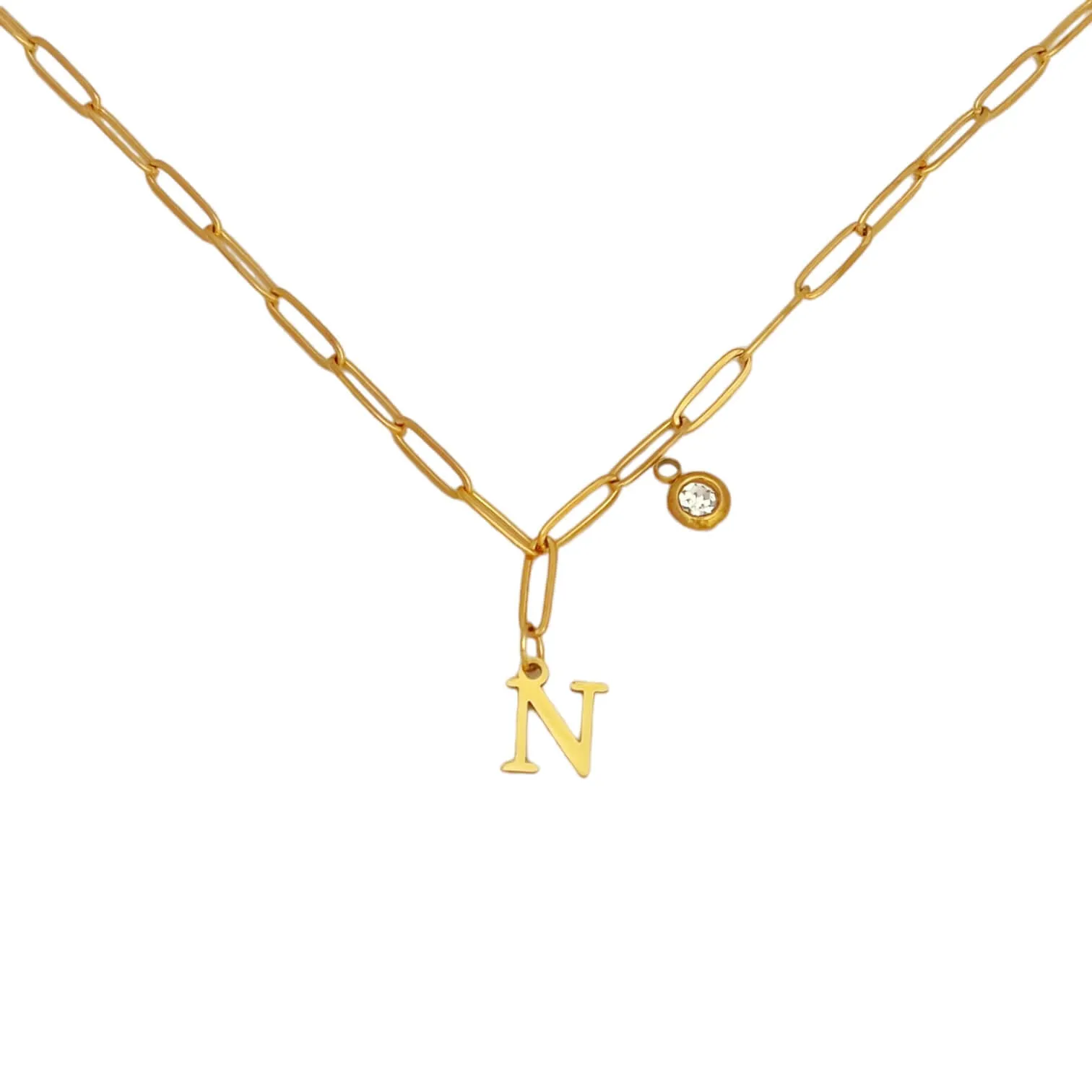 Alphabet Birthstone Paperclip Necklace Gold (H-N)