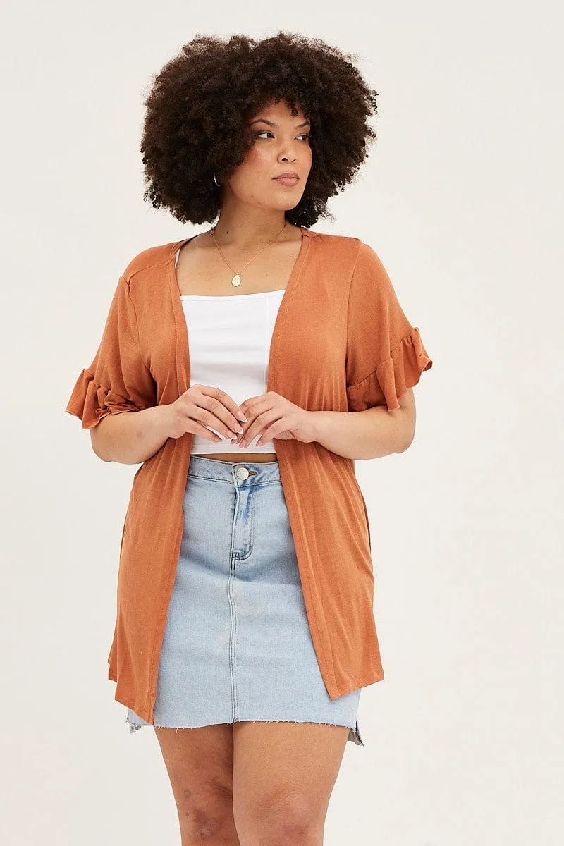 Beige Ruffle Sleeve Longline Cardigan