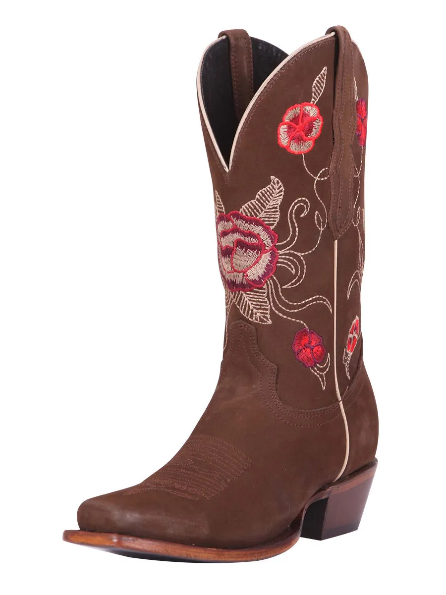 Botas Vaqueras Rodeo con Tubo Bordado de Flores de Piel Nobuck para Mujer 'El General' - ID: 41784