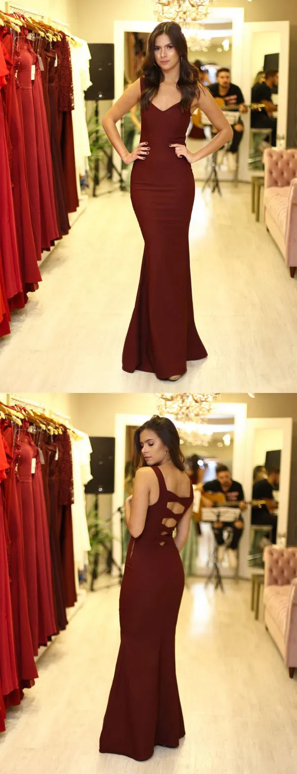 Burgundy Jersey Mermaid Open Back Sleeveless Long Prom Dresses .PD00271