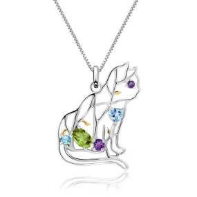 Cat Peridot Amethyst Topaz Gemstone 925 Sterling Silver Necklace