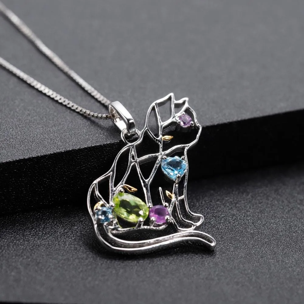 Cat Peridot Amethyst Topaz Gemstone 925 Sterling Silver Necklace