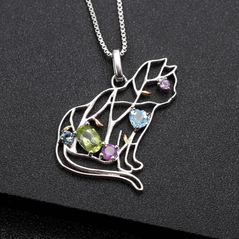 Cat Peridot Amethyst Topaz Gemstone 925 Sterling Silver Necklace