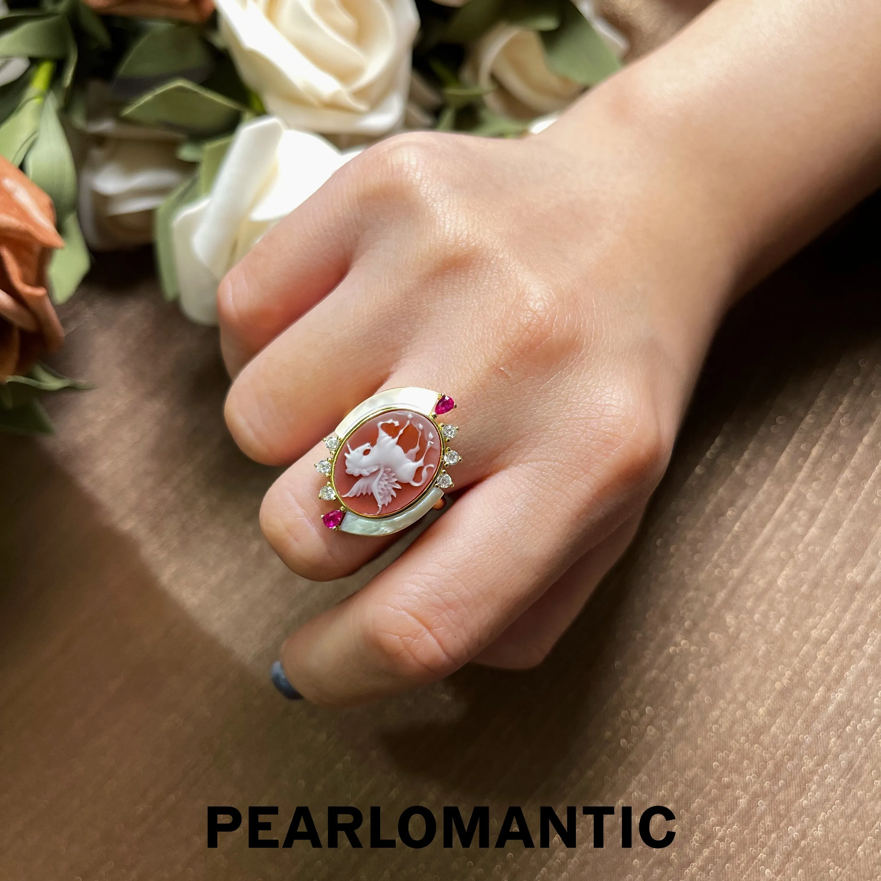 [Designer's Choice] Cameo & MOP Unicorn Design Adjustable Ring w/ S925