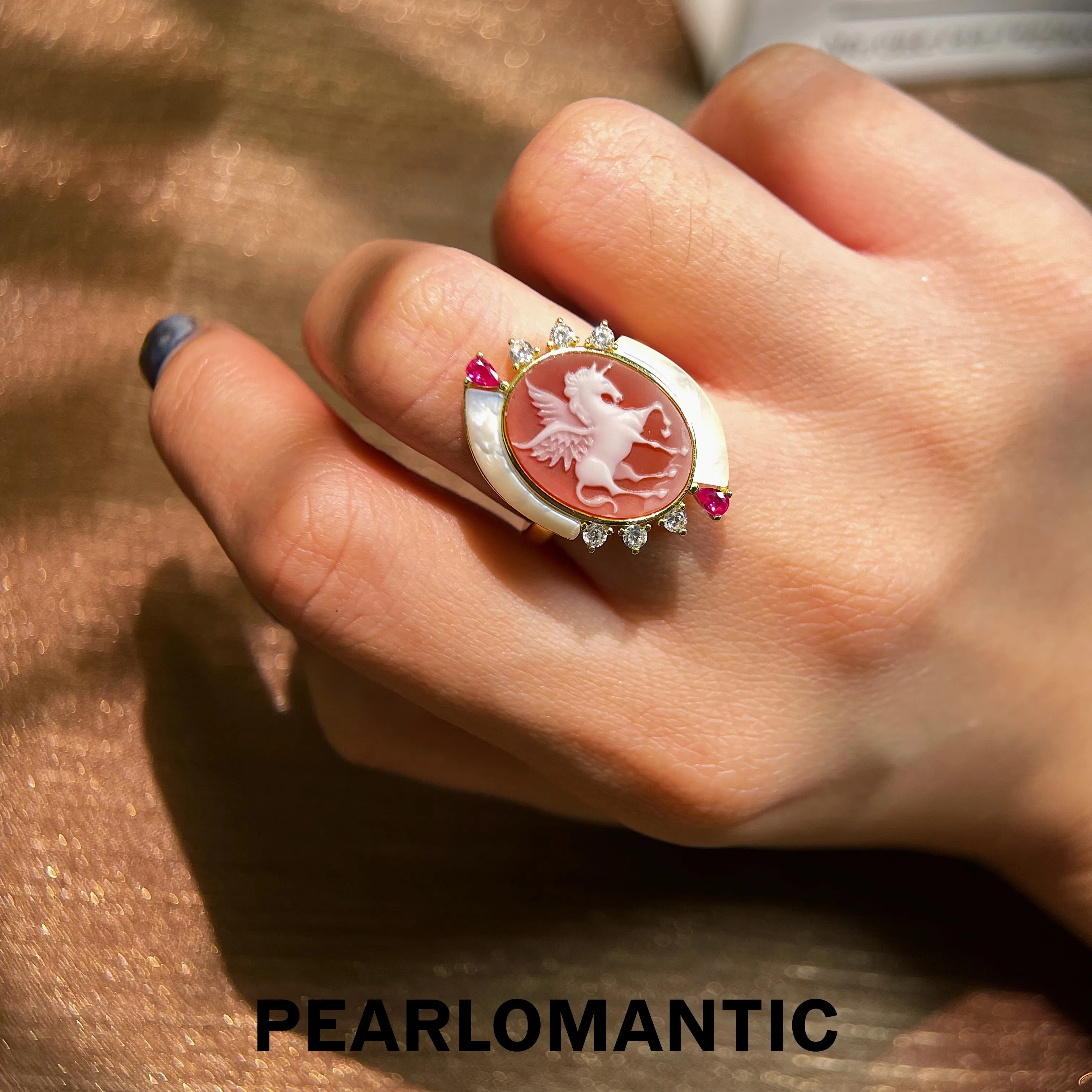 [Designer's Choice] Cameo & MOP Unicorn Design Adjustable Ring w/ S925