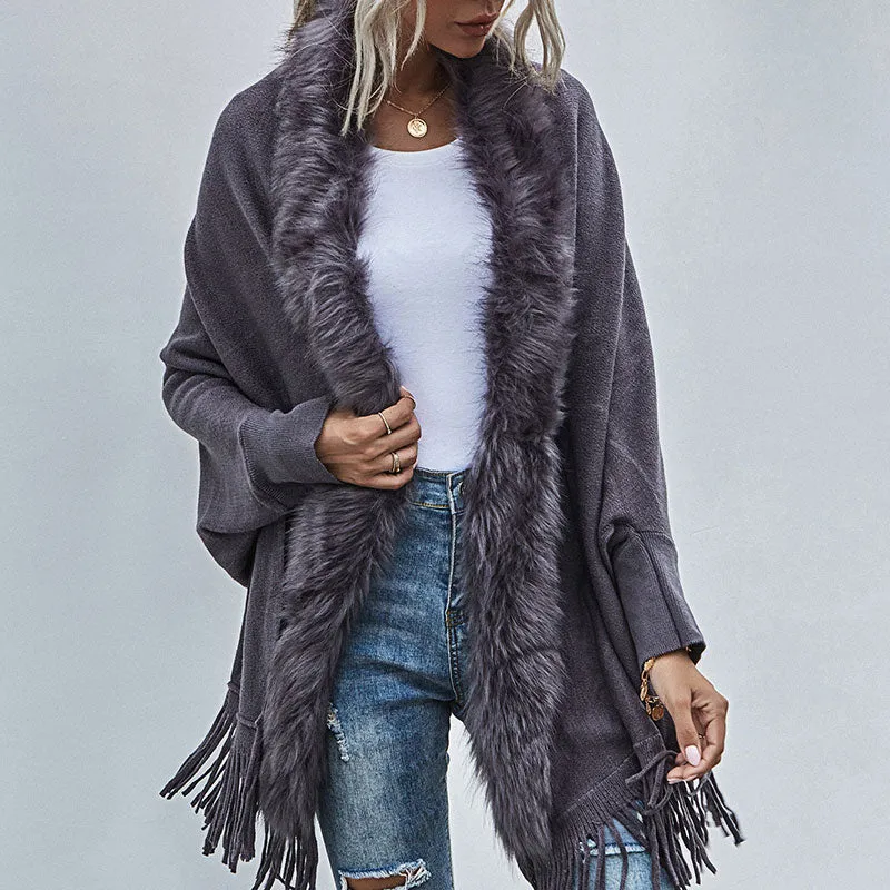 Elegant Faux Fur Shawl Collar Dolman Sleeve Open Front Fringe Knit Cardigan