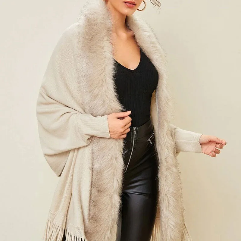 Elegant Faux Fur Shawl Collar Dolman Sleeve Open Front Fringe Knit Cardigan