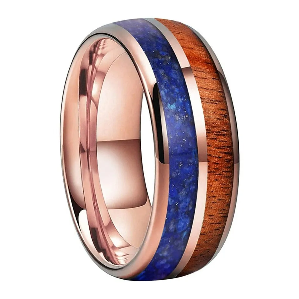 Koa Wood & Lapis Lazuli Rose Gold Tungsten Ring (8mm)