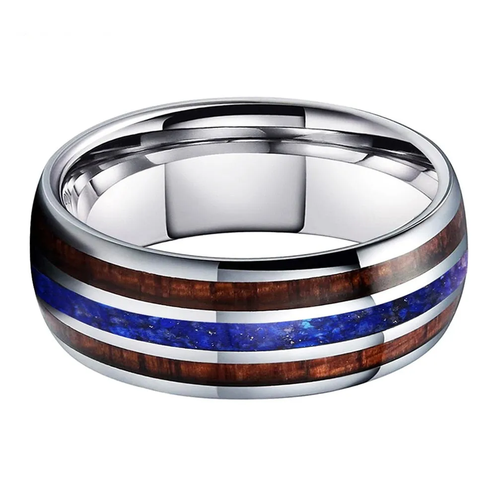 Koa Wood & Lapis Lazuli Triple Inlay Silver Tungsten Ring (8mm)