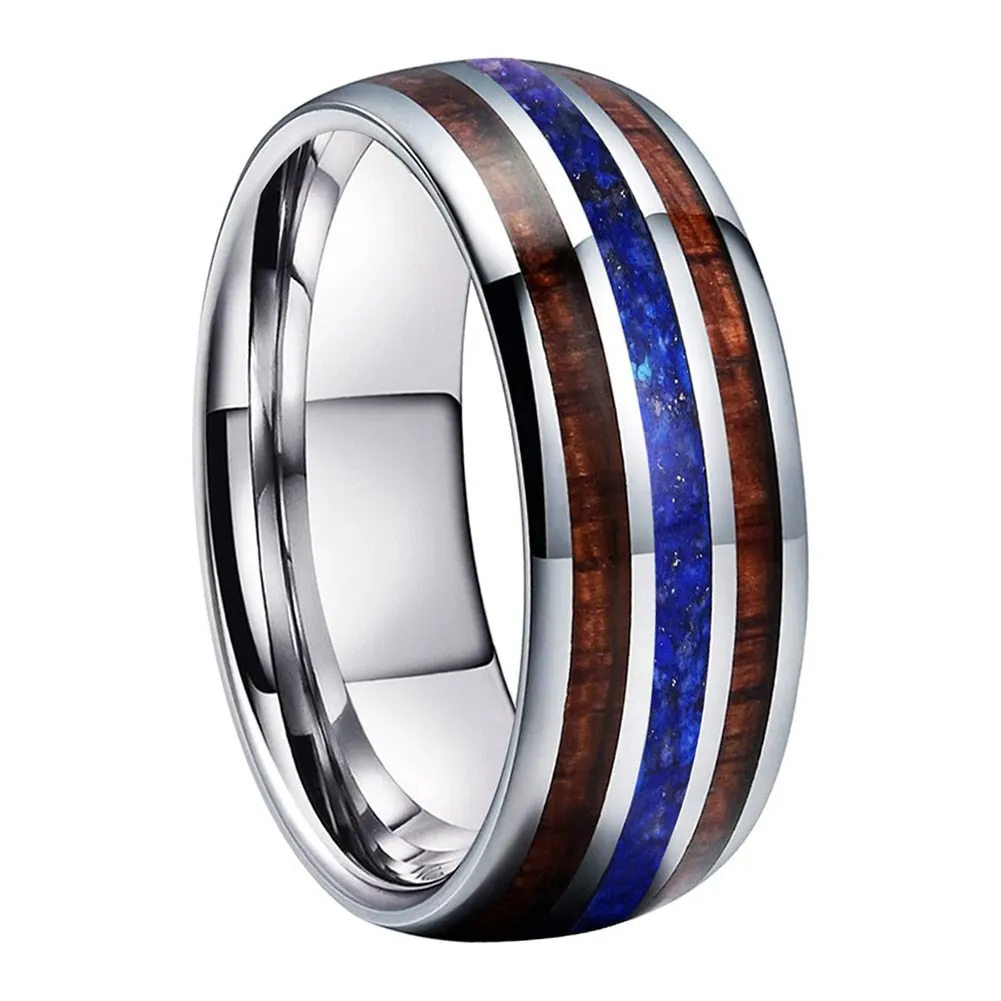 Koa Wood & Lapis Lazuli Triple Inlay Silver Tungsten Ring (8mm)