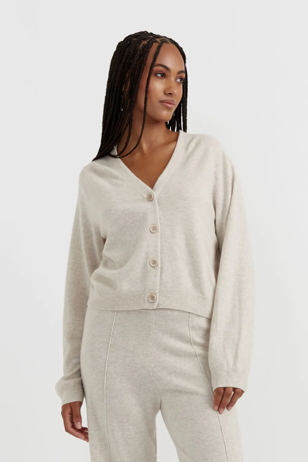 Light-Oatmeal Wool-Cashmere Cropped Cardigan