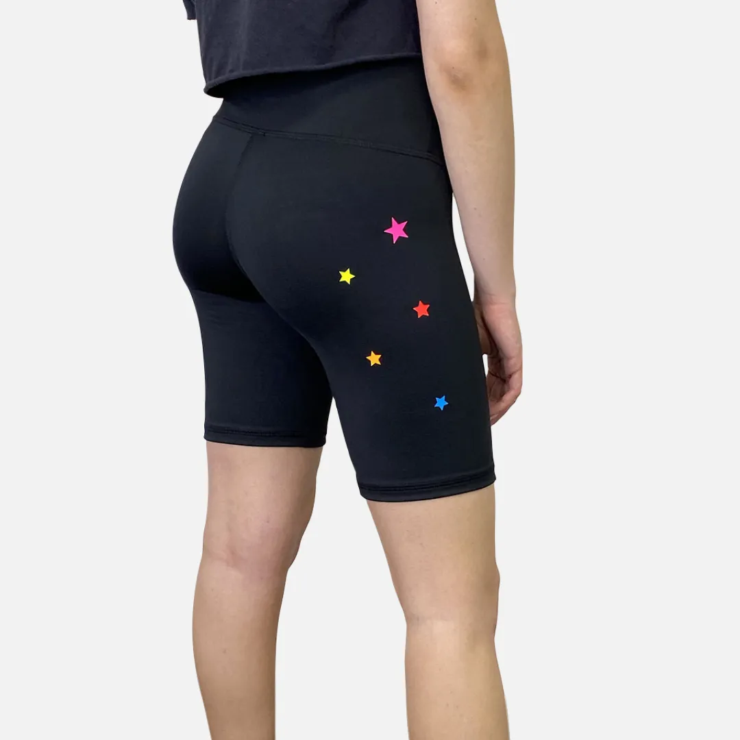 Sofia Black Spandex Biker Shorts with NEON Scattered Stars